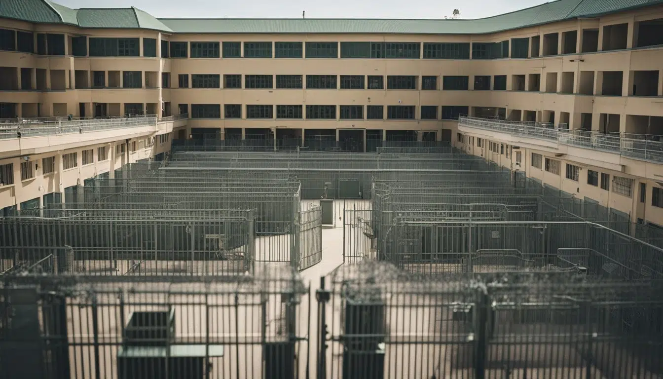 A prison with open gates and minimal security. Inmates are seen moving freely around the common areas